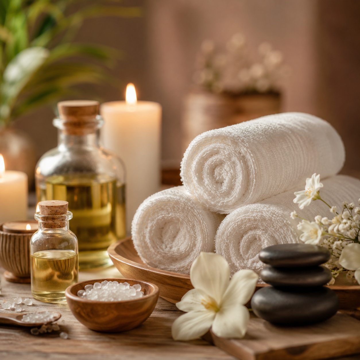 Massage oils and spa setup